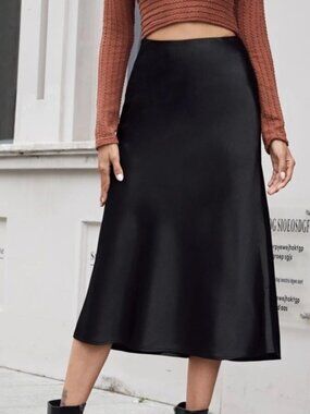 Luxe Black Zipper Satin Midi Slip Skirt